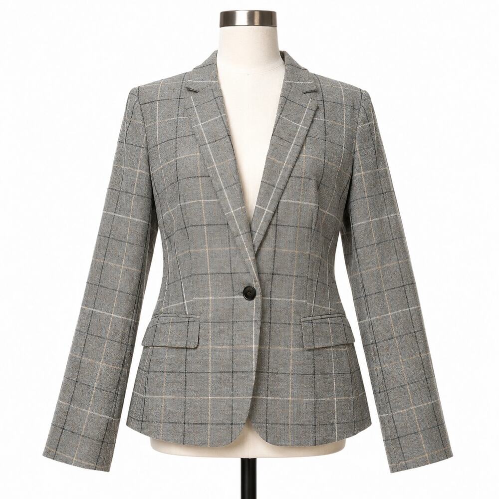 Ann Taylor Gray Plaid Blazer Sz 12 Windowpane Career Jacket Tailored Altered
